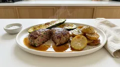 Μαλακά μπιφτέκια με πατάτες στον φούρνο – αφράτα, ζουμερά και όλα σε ένα ταψί