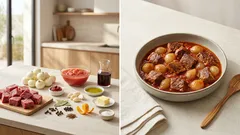 Μοσχαρίσιο στιφάδο κατσαρόλας: δεμένη σάλτσα και κρεμμυδάκια που μένουν ολόκληρα