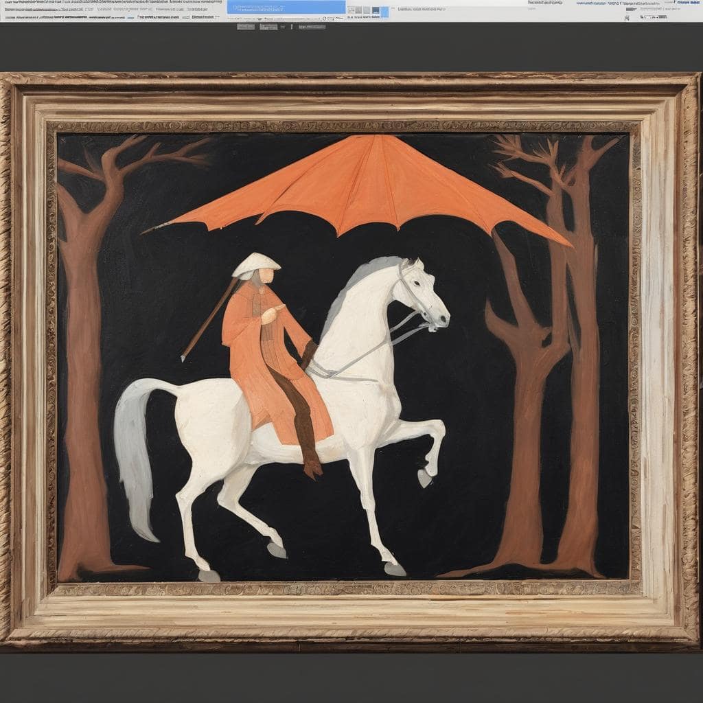 Ζωγραφική με ιππέα σε άλογο κάτω από μεγάλο πορτοκαλί αδιάβροχο σε σκοτεινό τοπίο με δέντρα, τέχνη και συνειδητότητα.
