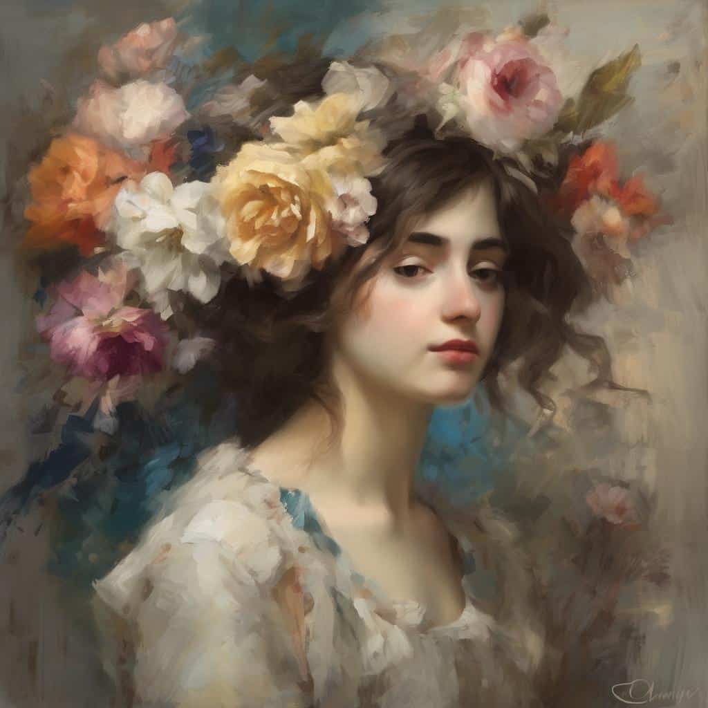 Παράσταση νεαρής γυναίκας με λουλούδια στα μαλλιά, τέχνη και συνειδητότητα.