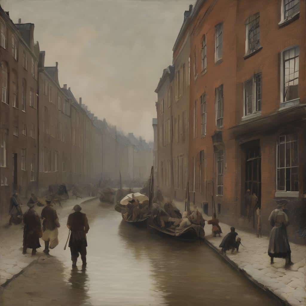 Συνειδητότητα και τέχνη: ανθρώπινη δραστηριότητα σε αστικό περιβάλλον με αρχοντικά και μικρά καραβάκια σε ρευστό τοπίο.