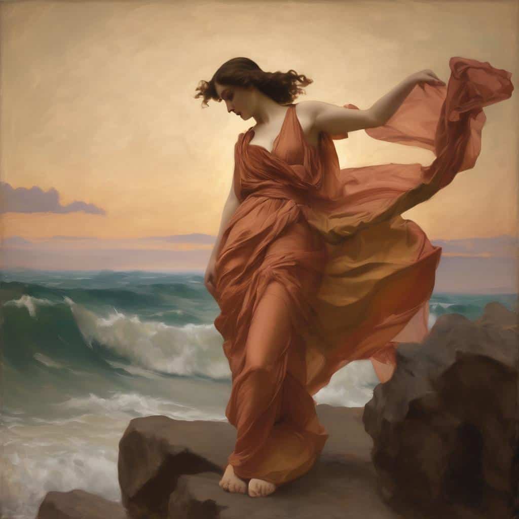 Γυναίκα στην παραλία με φόρεμα που ανεμίζει, η τέχνη ως πράξη συνειδητότητας, η σύνδεση με τη φύση και την εσωτερική ειρήνη.