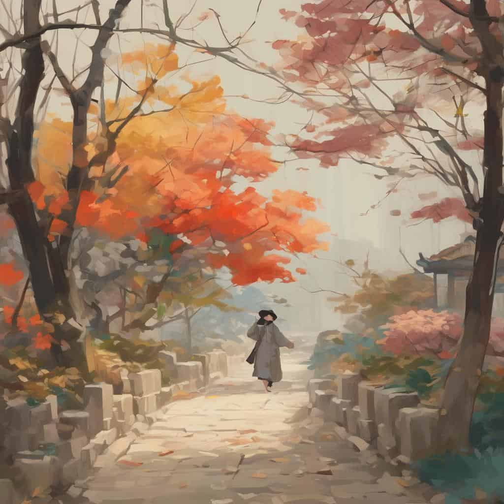 Ανθιστά δέντρα σε φθινοπωρινό τοπίο, ήσυχη σκηνή με άνθρωπο περπατώντας, τέχνη και συνειδητότητα.