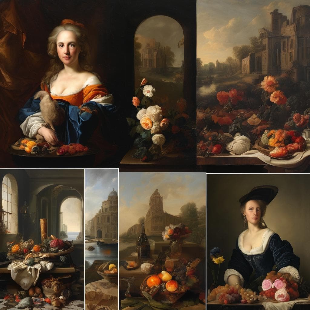 Ξανθιά γυναίκα σε πίνακα ζωγραφικής, με κουράγιο και μαλακά χρώματα, διακοσμητικά λουλούδια και φρούτα, εκφράζει τέχνη και συνείδηση.